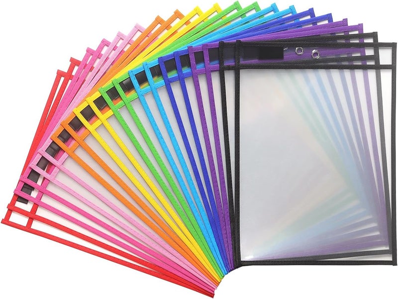 LONGKEY 20 Pack Dry Erase Pockets with Rings, 10 x 14 Inch Ticket Holders Clear Plastic Sleeves Sheet Protectors for Teacher Classroom Sleeves, 10 Assorted Colors - Image 1